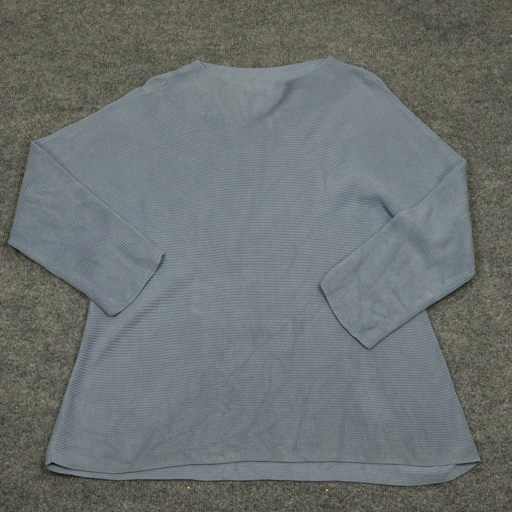 Eileen Fisher Sweater Womens Large Blue Silk Cotton Ribbed Mock Neck Pullover